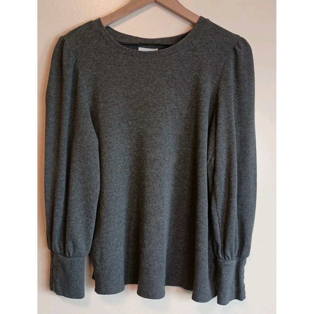 J.Jill Gray Waffle Knit Puff Sleeve Top Button Cuff Sz L Casual Chic Minimalist